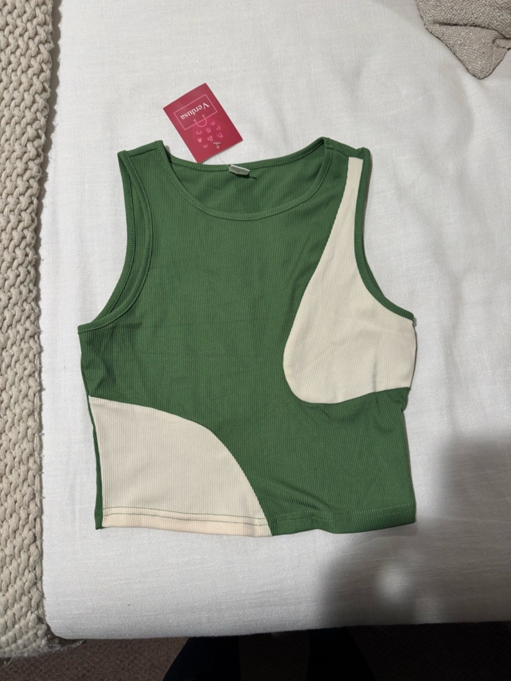 Green & Cream Colorblock Ribbed Crop Tank Top